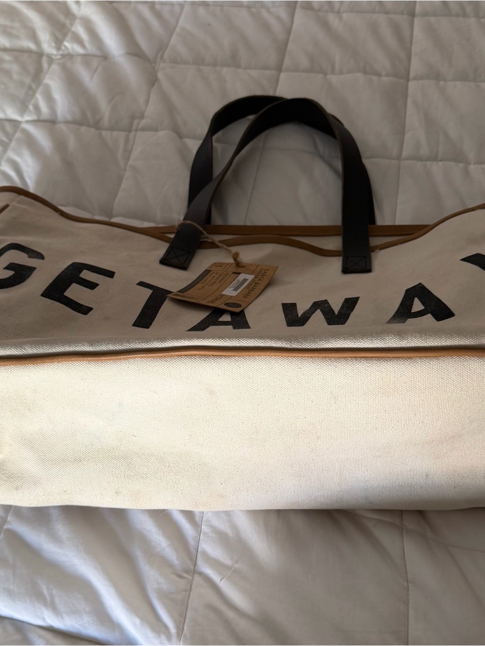 Canvas 'Getaway' Tote Bag with Leather Trim - Cream/Black - Picture 2 of 2